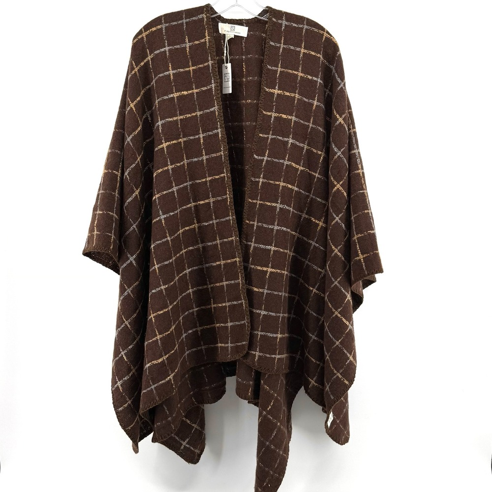 Womens Brown Plaid Poncho Wrap Cape Fall Office Teacher Cozy Preppy Earthy Top